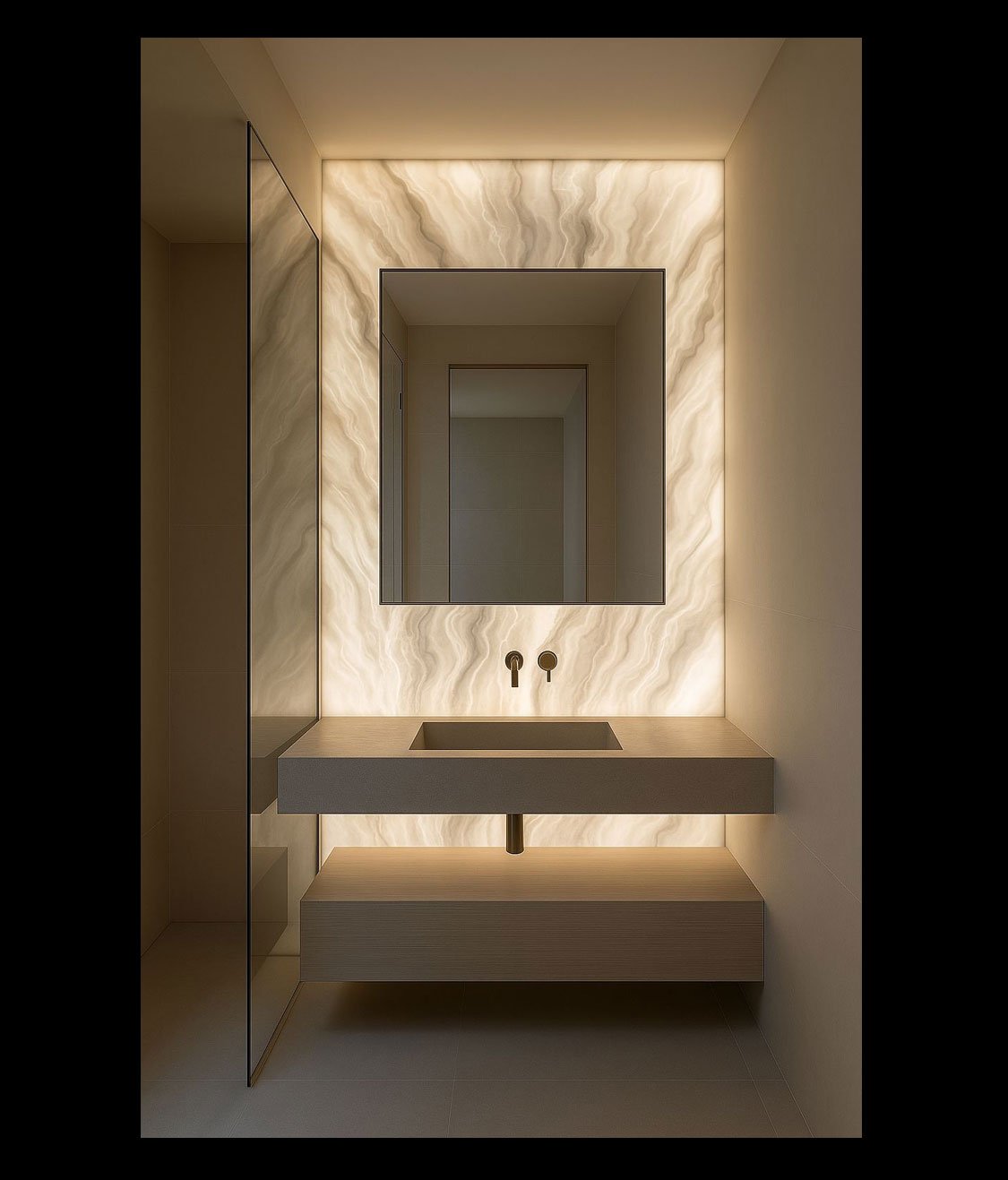 panel retroiluminado en baño en piedra ónix